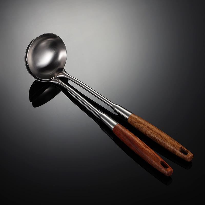 304 Stainless Steel Pear Wooden Handle Soup Shell Colander Small Porridge Spoon Small Hot Pot Spoon Household Kitchen Cooking Spoon