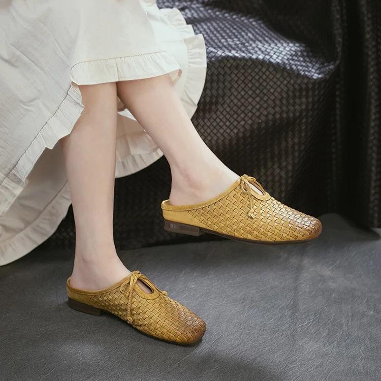Johnature Pantofole da esterno intrecciate in vera pelle stile retrò, scarpe slip-on da donna leggere e versatili
