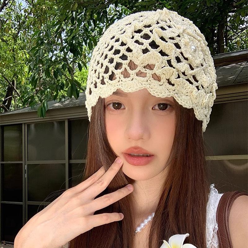 Spring and Summer Handmade Hook Up Knitted Head Hat for Women Thin Breathable Hollow Hat Fashionable Retro Niche Pullover Hat