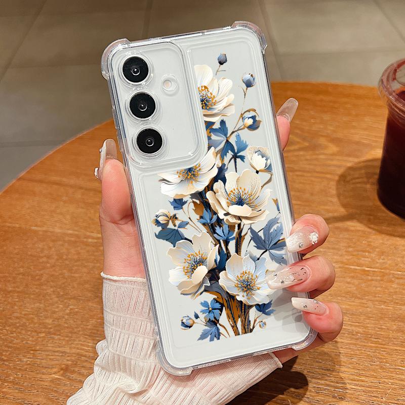 Luxusní průhledný silikonový kryt s květinovým potiskem pro Samsung S25 S24 FE S23 Ultra S22 A56 A36 A16 A55 A35 Nárazuvzdorný ochrana objektivu Tenký měkký kryt na telefon