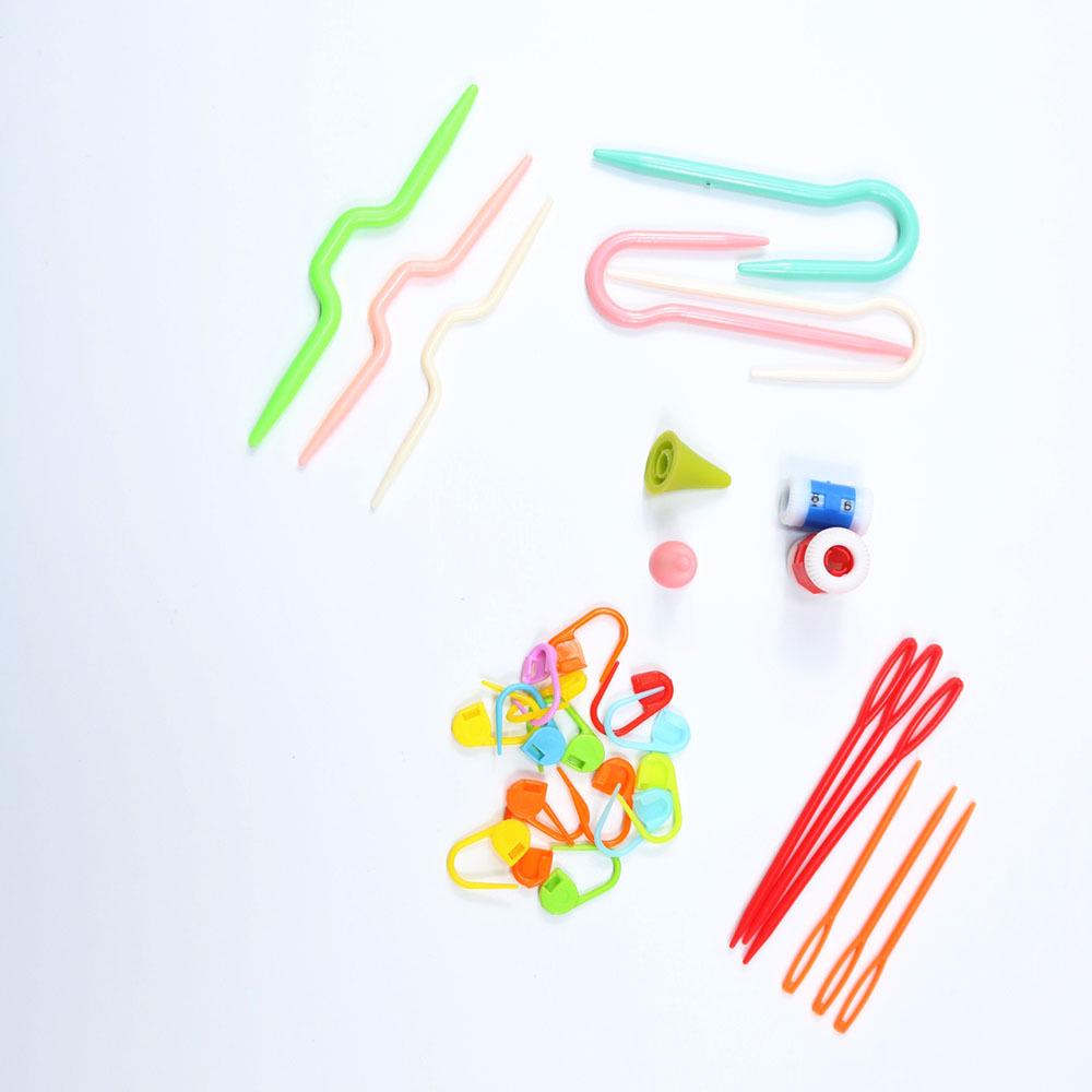 

Knitting Tools Set: Stitch Markers, Plastic & Curved Needles, Cable Needles, Manual Counter for Yarn & Sweater Projects 10 Colorful Yarn Markers
