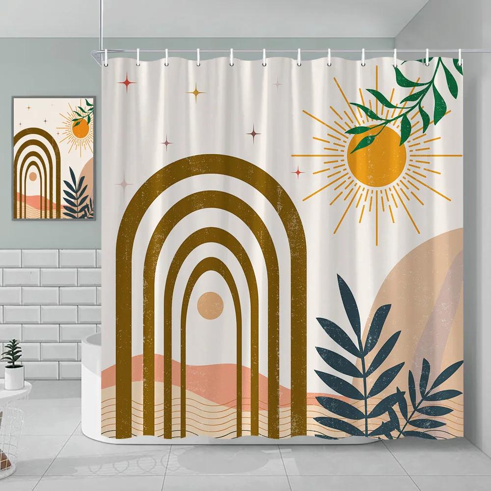 Bohemian Shower Curtain Cat Romantic Mid Century Modern Minimalist Abstract Lines Geometric Tropical Plants Bathroom Decoration