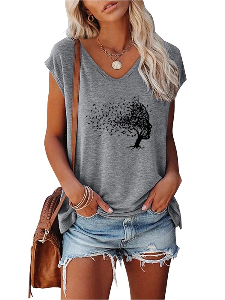 Women Fashion T-shirt Summer V Collar Print Short Sleeve Top Ladies Casual Tee Shirt