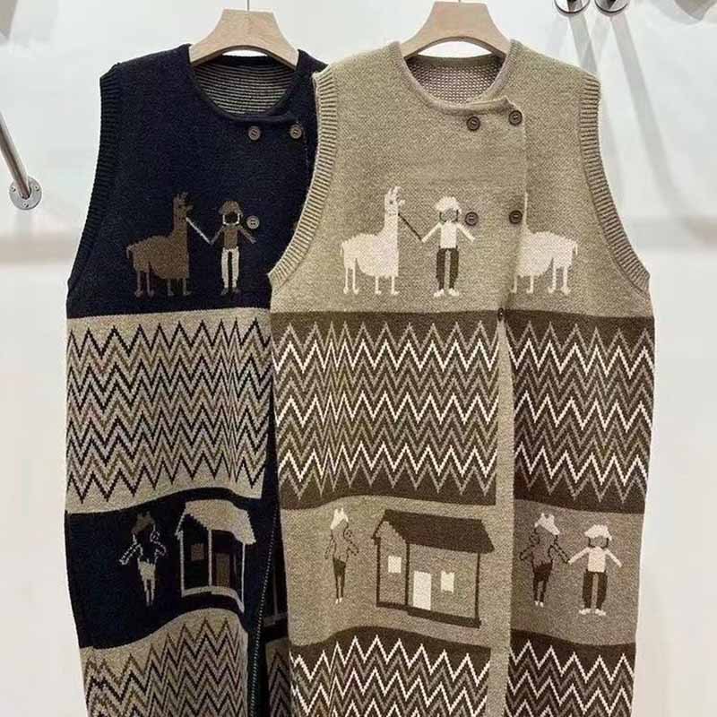 Gestricktes Pulloverkleid für Damen Retro Lang Ärmellos Locker Verdickt Unterhemd Weste Tops