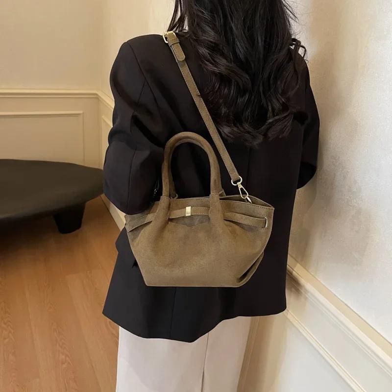 Vintage Faux Suede Women's Small Tote Bag Fashi Design Ladies Shoulder Crossbody Bags Retro Matte Female Purses and Handbags