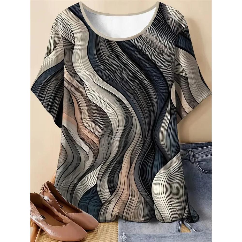 Women's Versatile Striped Printed Top Short Sleeve Casual Loose T-Shirts Women’s