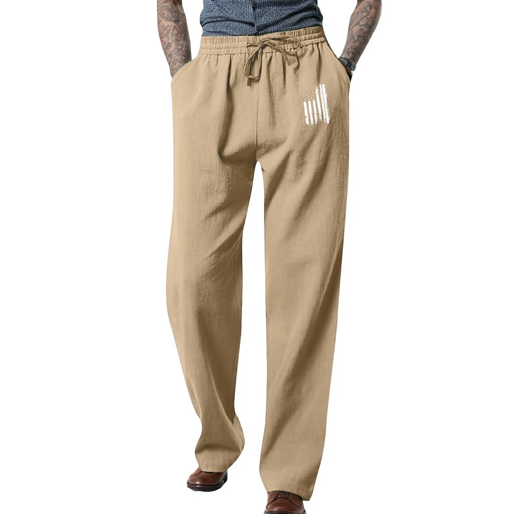 Men's Loose Casual Cotton Linen Trousers Elastic Tie Printed Straight Pants