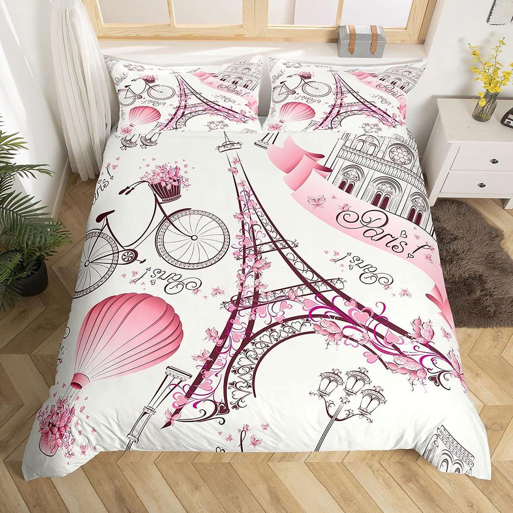 Eiffel Tower Duvet Cover for Teens Adults Queen Lightweight Down Quilt Covers Bedroom Decor 2 Pillowcases 1 Duvet Cover No Quilt