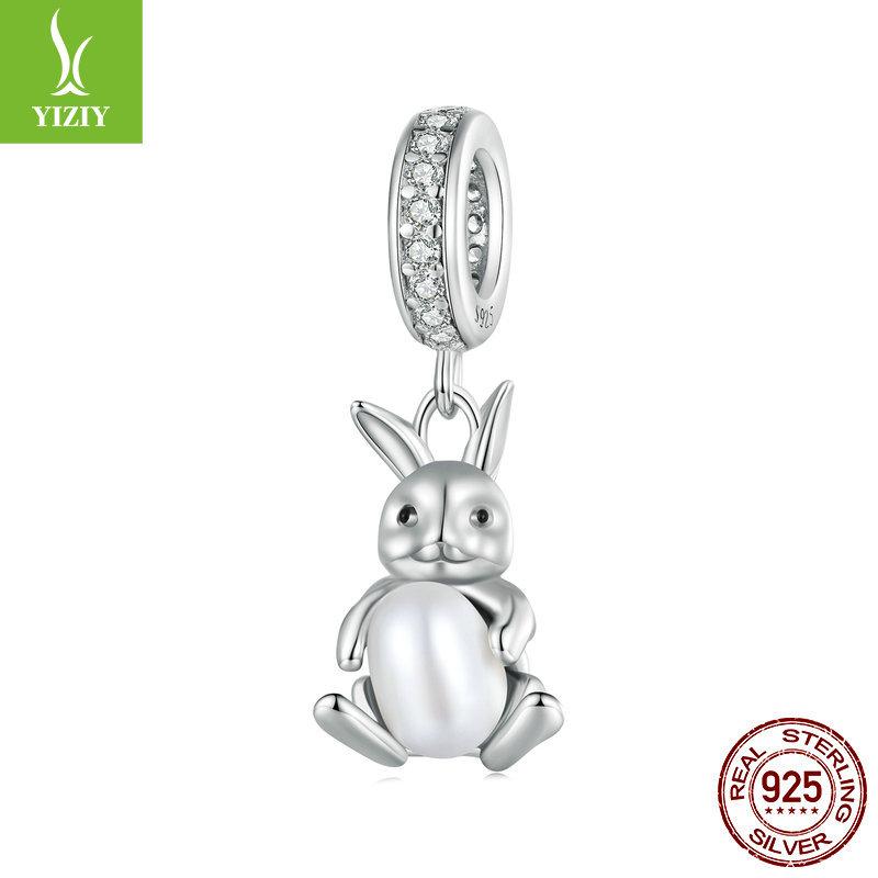 Pearl Rabbit S925 Silver Pendant, Cute Pearl Diy Bracelet Beaded Accessories