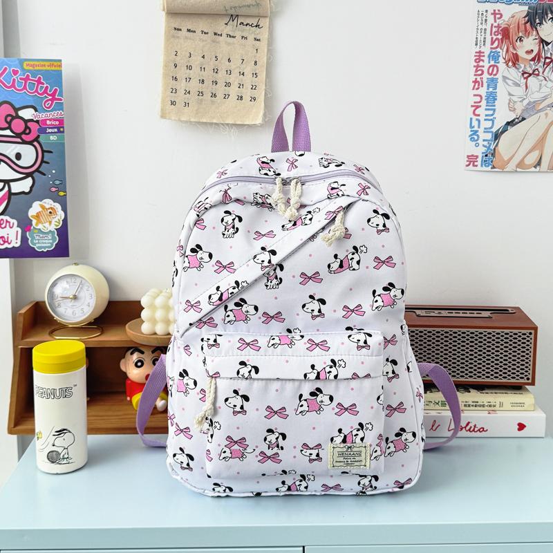 Soft Cute Kuromi Bow Animal Pattern Girl's Backpack Nylon Large Capacity Diagonal Zipper Student Double Backpack Campus Outdoor