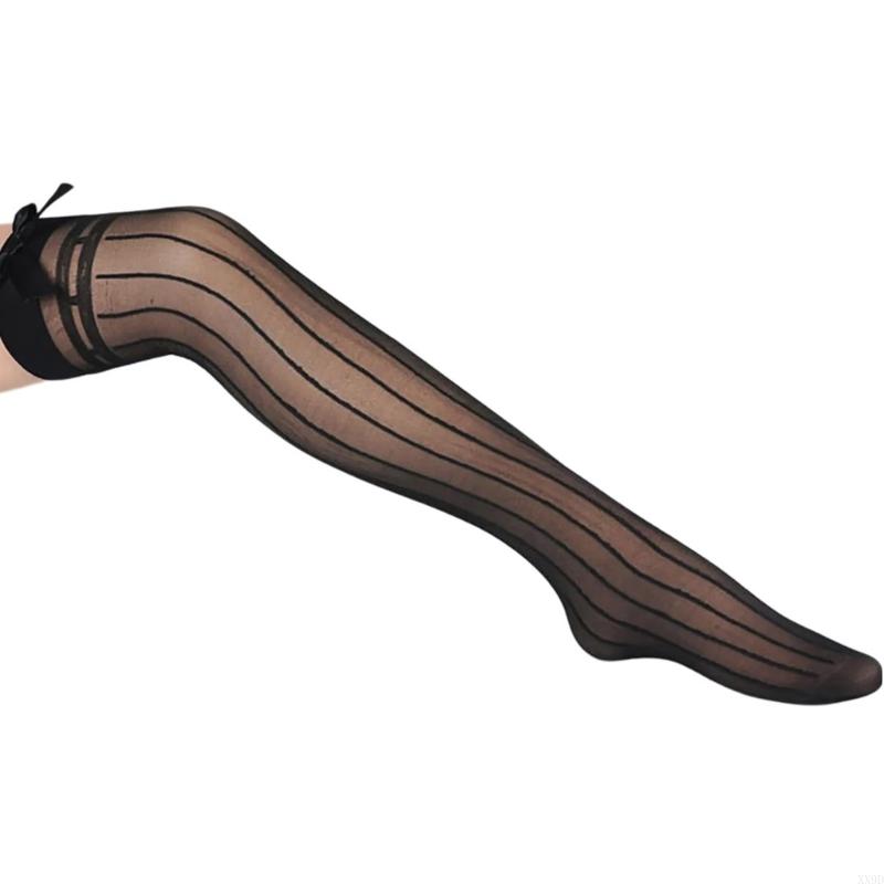 Oberschenkelhohe Overknee-Socken Mit Eleganten Schleifen Für Damen Kostüme Party Strumpfwaren Gestreifter Linien-Print Durchsichtige Lange Strümpfe gray