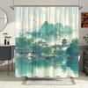 1Pc Serene Lakeside Pagoda Bath Curtain - Watercolor Chinese Architecture With Misty Hills, Reflective Water & Flying Birds