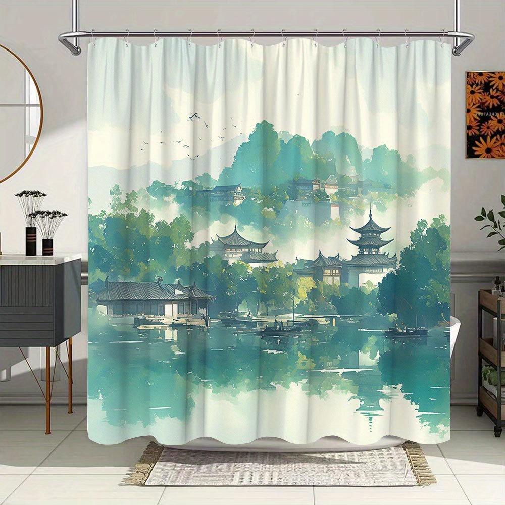 1Pc Serene Lakeside Pagoda Bath Curtain - Watercolor Chinese Architecture With Misty Hills, Reflective Water & Flying Birds
