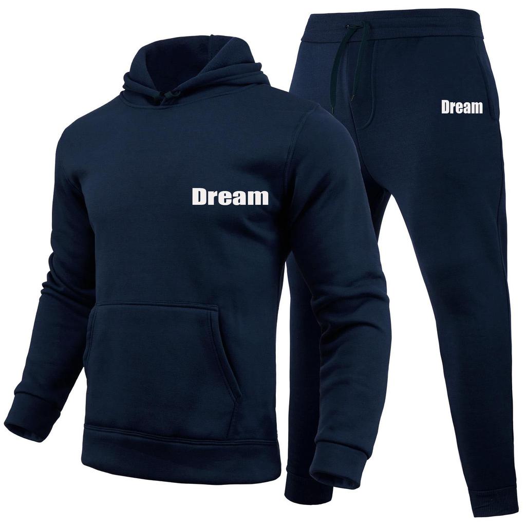 Dream Letters Printed Sets Winter Tracksuit Men Hooded 2 Piece Sets Mens Outfits Suit Men Fleece Sport Hoodie Sweatpants Two Piece Sets