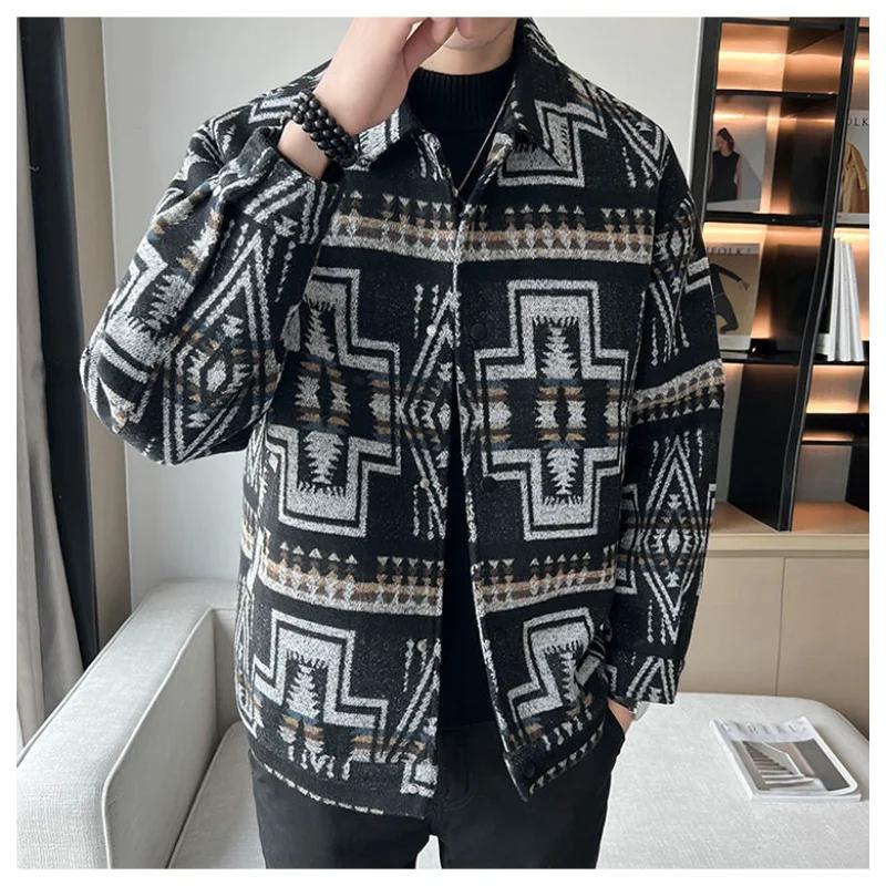 Tweed Jacket Spring Autumn Men's Top Casual Loose New Wool