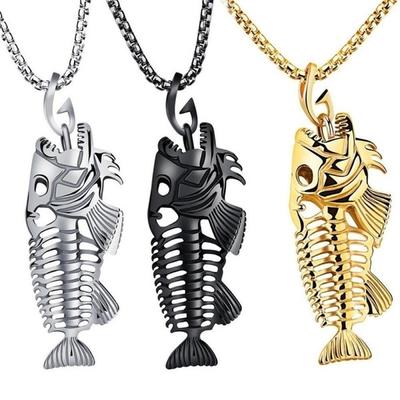 Fish Bone Fish Skeleton Pendant Surfer Chain Necklace Gold Black Unisex Jewellery