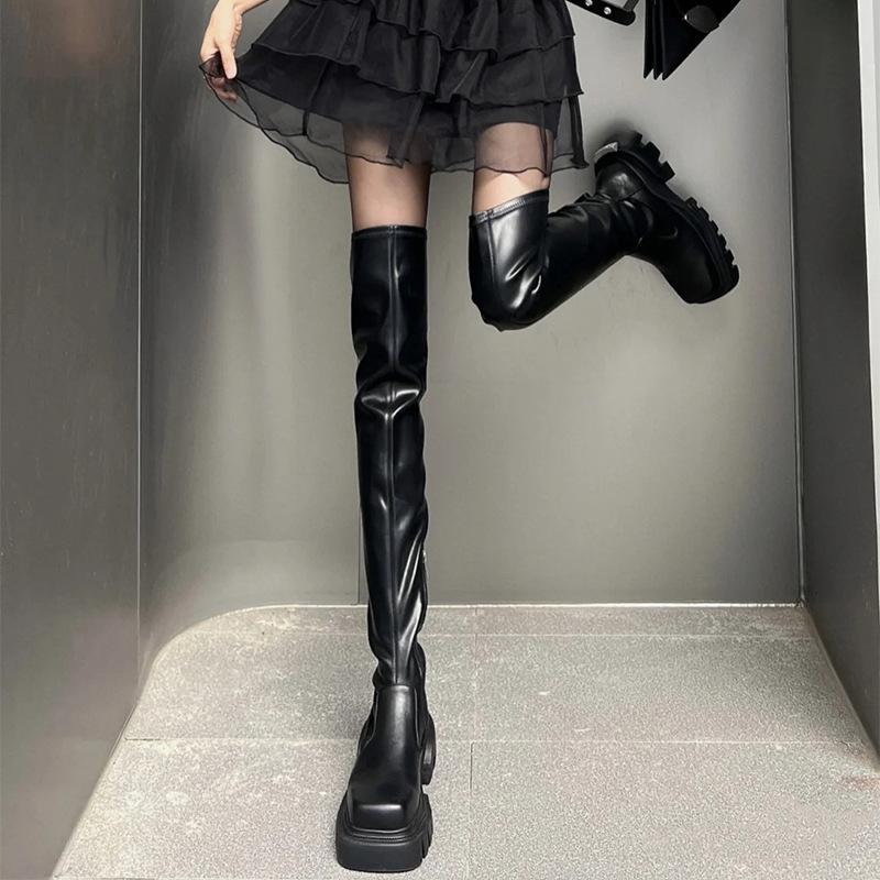 Over-knee boots for women looking thin autumn and winter new high elastic boots thick-soled square head boots small boots