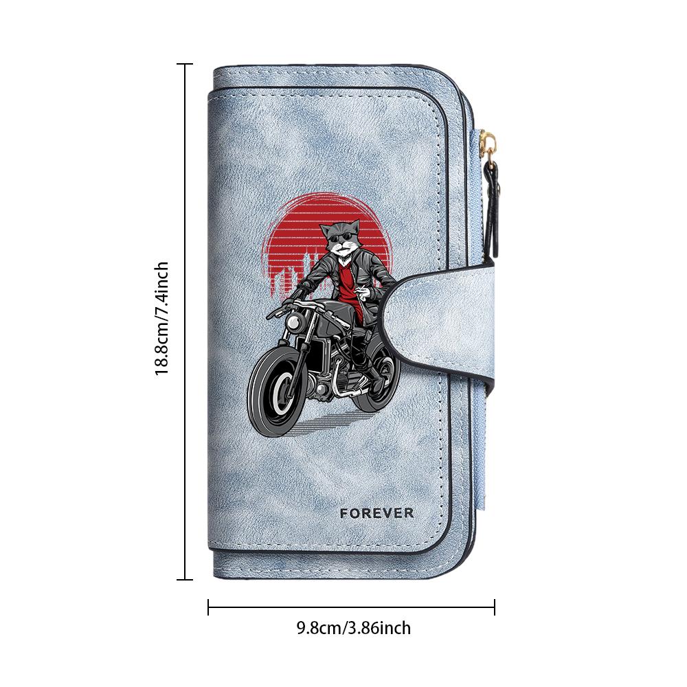 Cool Cat Biker Pattern Long Wallet PU Leather Multi Card Slot Fashion Clutch Purse
