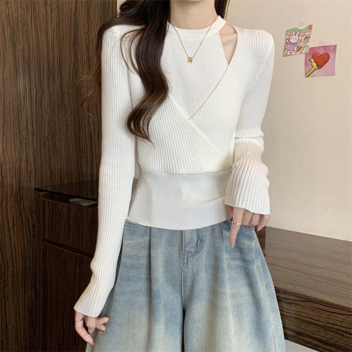 

Поддельная рубашка с двумя висячими воротниками и трикотажным низом для женщин на весну и осень, облегающий вид, шикарный шик со свитером, блузка с длинными рукавами One size