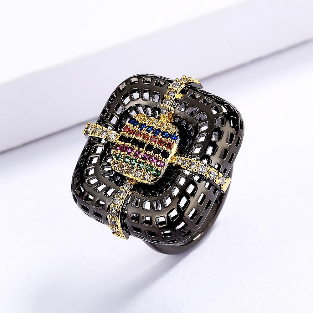 Hot Selling Black Gold Flower Ring Inlaid with Colorful Red Purple Zircon Fashionable Floral Cherry Blossom Ring Ring
