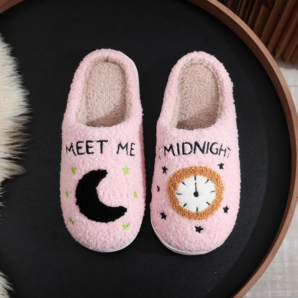 Women's Winter Cute Cartoon Smiley Face Cotton Slippers - Plus Size, Moon Clock Design.