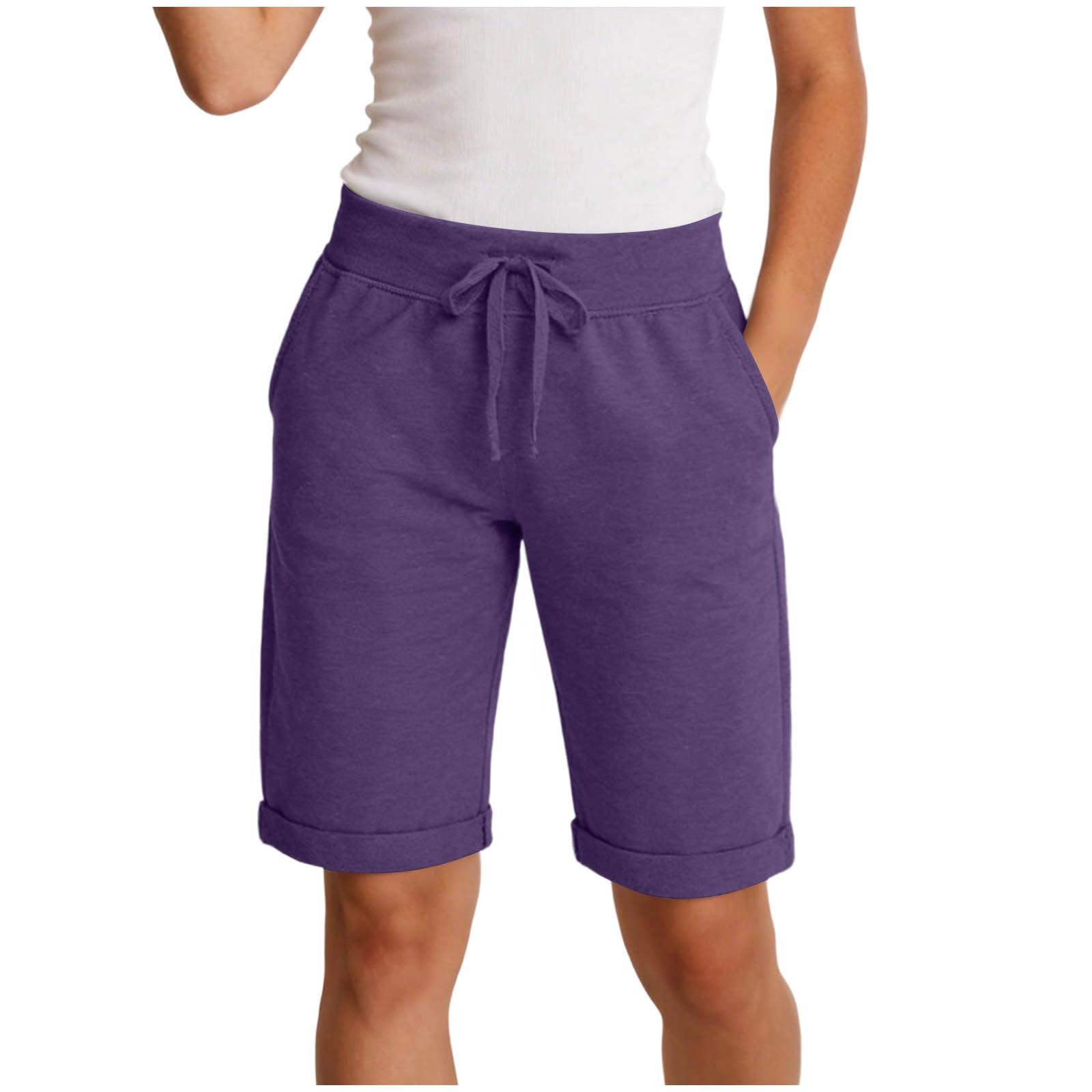 

Women’s Drawstring Waist Bermuda Shorts with Pockets Casual Loose Fit Rolled Hem Knee Length Soft Knit Fabric XL фиолетовый