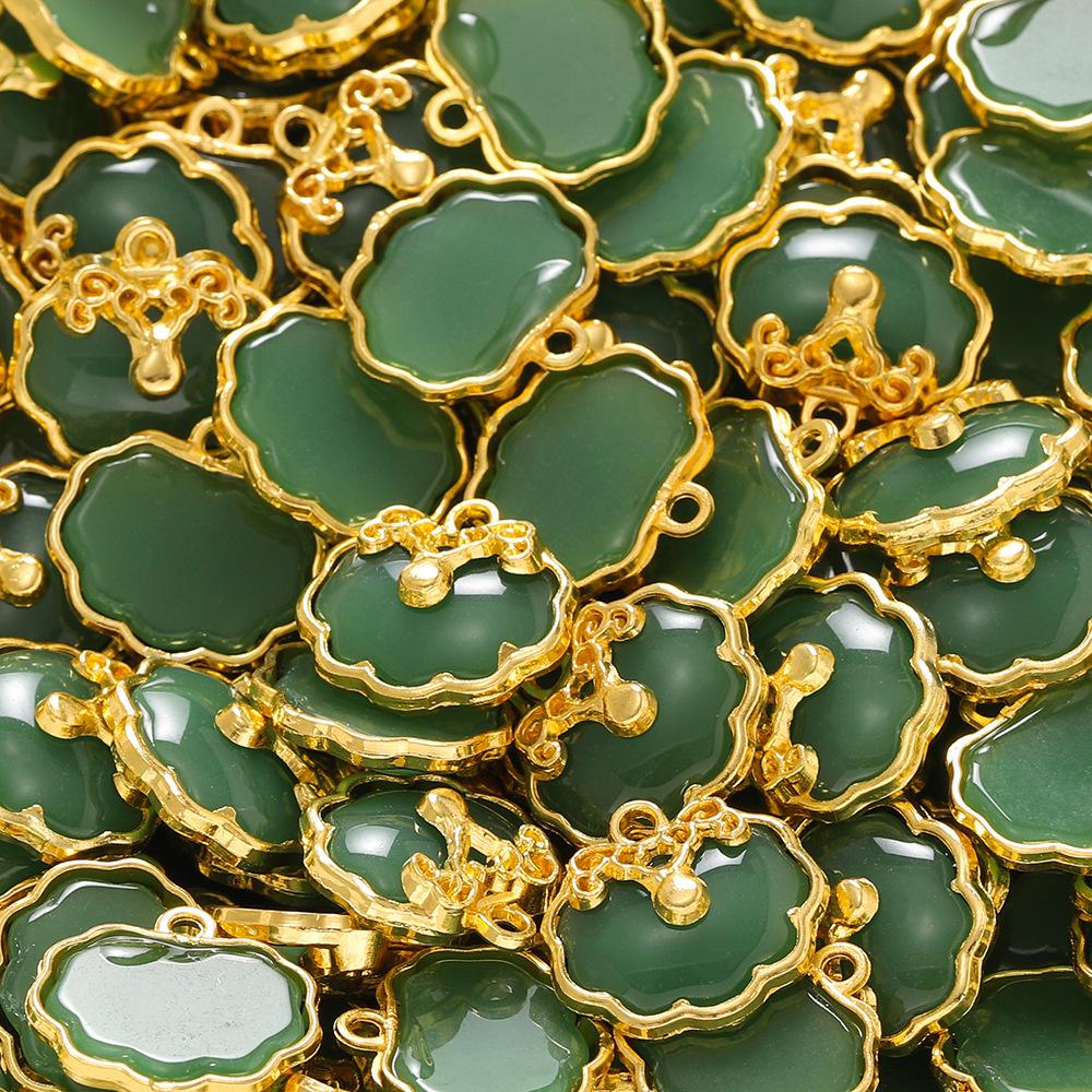 2Pcs Glass Alloy Inlaid Jade Pendant Safety Buckle Cloud Lock Pendant Handmade DIY Bracelet Necklace Antique Clothing Accessories
