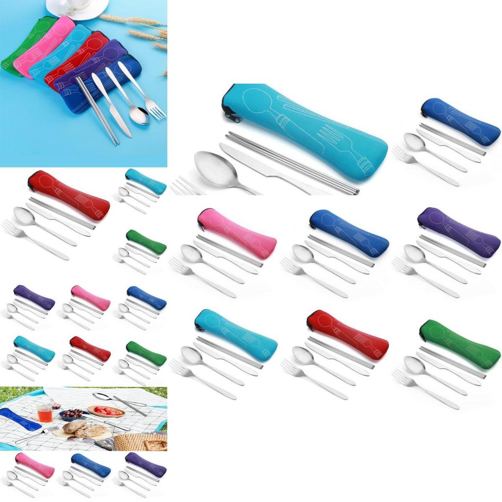 Elegantní nerezová sada příborů na cestování a kempování s barevnými variantami (nůž, vidlička, lžíce, hůlky)
