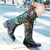 Johnature Botas largas de cuero genuino para mujer, zapatos hechos a mano con estampado Retro, Color a juego, con cordones, hasta media pantorrilla