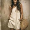 women's Solid Color Asymmetric One Shoulder Linen Texture Loose Pocket Short Mini Vacation Dress