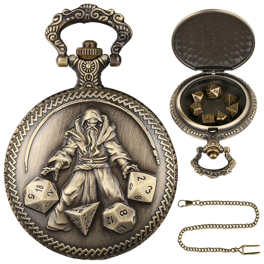 Bronze Dice Long Beard Master Magic Men Vintage Pocket Watch Case with 7pcs Antique Collection Dice and 38cm Waist Hook Chain