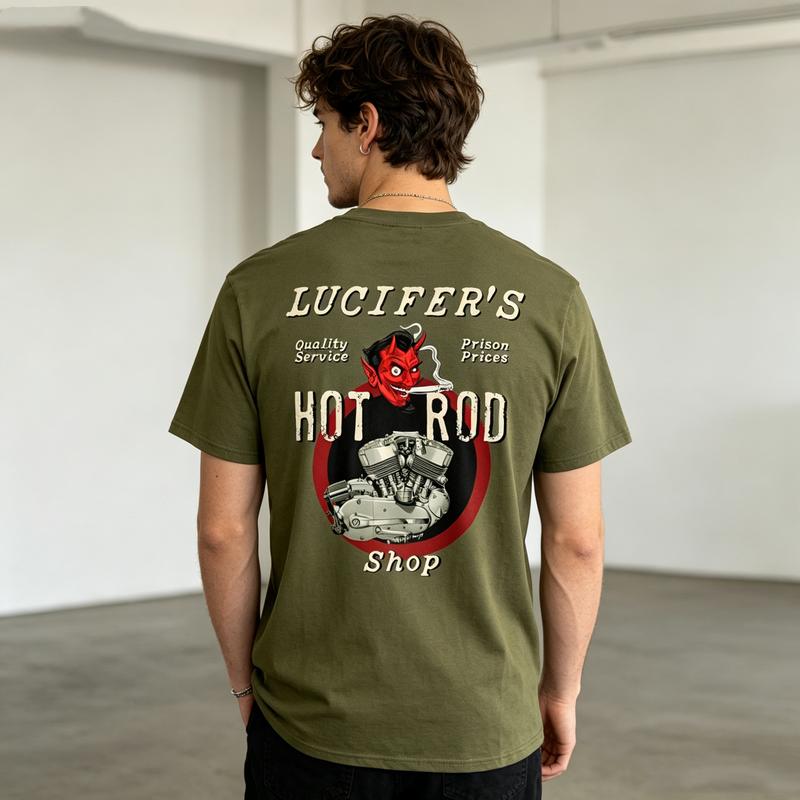 Lucifers Hot Rod Shop Graphic T Shirt Vintage Devil Car Print Unisex Soft Cotton Crew Neck Short Sleeve Trendy Casual