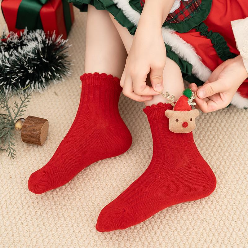 Children Bow Santa Claus Elf Deer Red Green Socks Christmas Kids Girls Princess New Year Autumn Winter Warm Leg Protection Socks