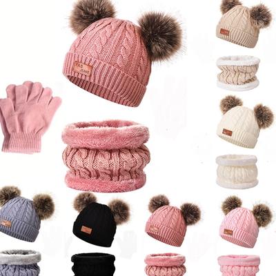 Children Knitted Warm Hats With 1 Pair Gloves And ScarvesWarm Winter