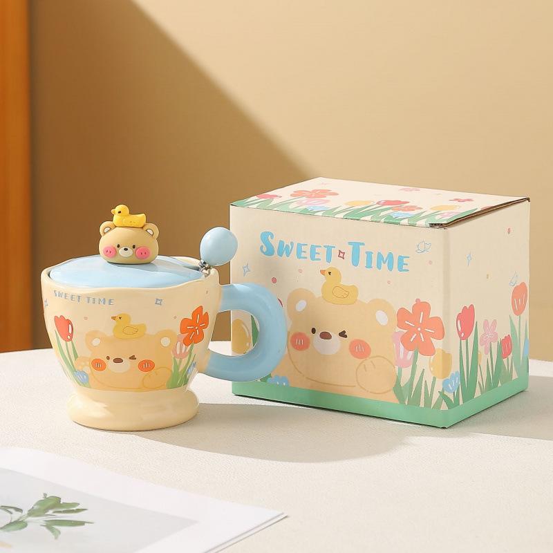 Adorable Rabbit & Bear Ceramic Mug with Lid and Spoon - Perfect for Home or Office