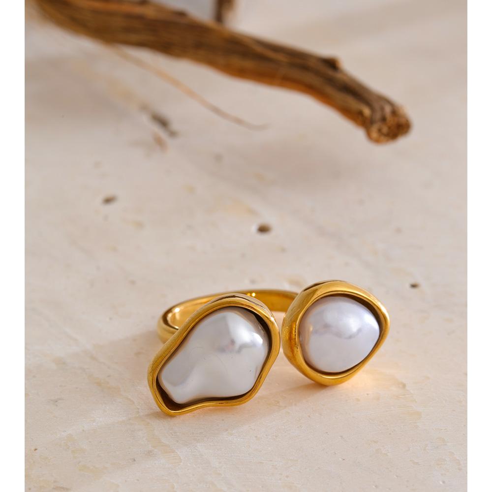 Yhpup Popular Baroque Imitation Pearls Golden PVD Open Ring Women Stainless Steel Rust Resistant Fashion Cast Finger Jewelry
