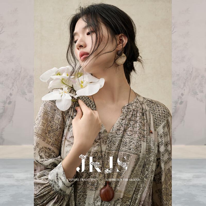 JK&JS Painted Spring Mountain New Chinese Style Rayon Linen Long Sleeve V-Neck Maxi Dress