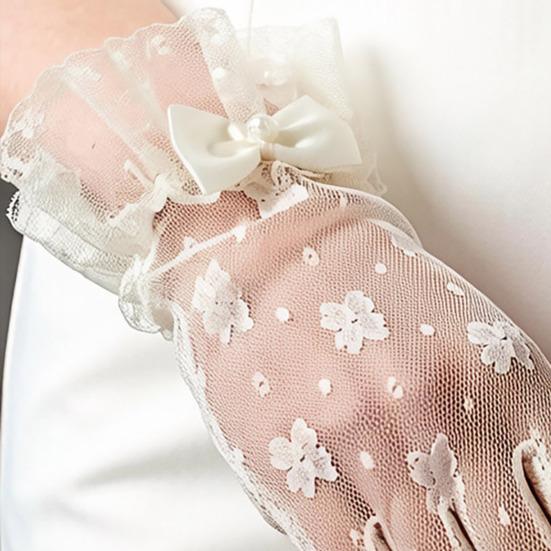 Women Lace Gloves Bridal Gloves with Bow Sheer Tea Party Wrist Gloves for Wedding Prom Cocktail Party