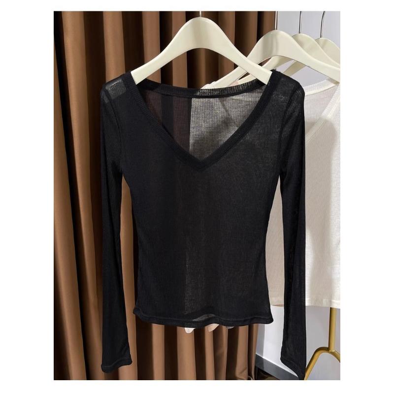 Large V-neck Thin Knitted T-shirt for Women Summer New Style See-through Threaded Style Bottoming Shirt Top