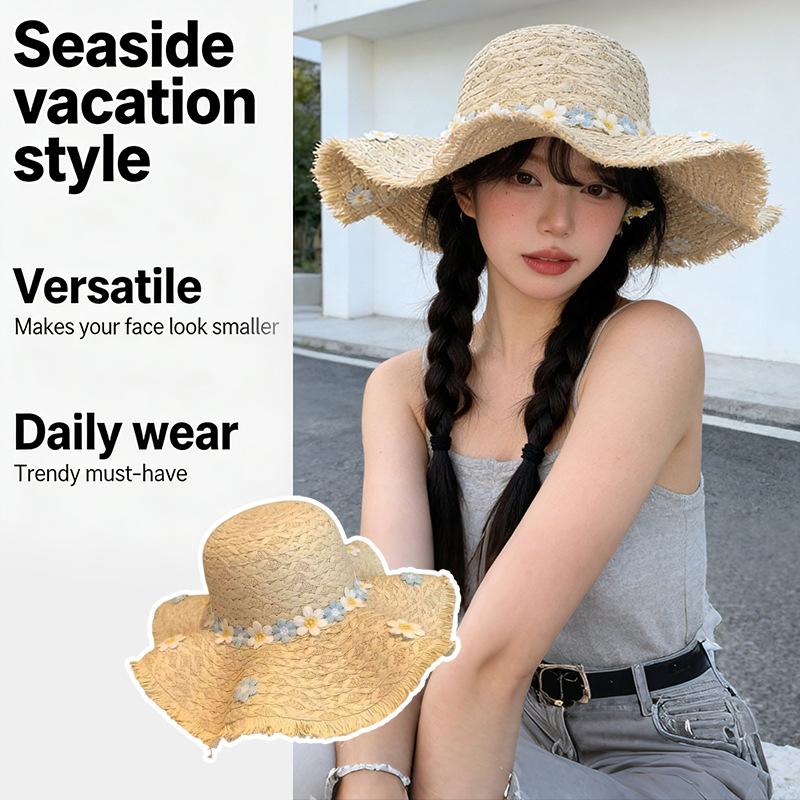 New Summer Lace Beach Hat/Straw Hat For Women Summer Rolled Brim Seaside Hollow Raffia Sun Hat Wide Brim
