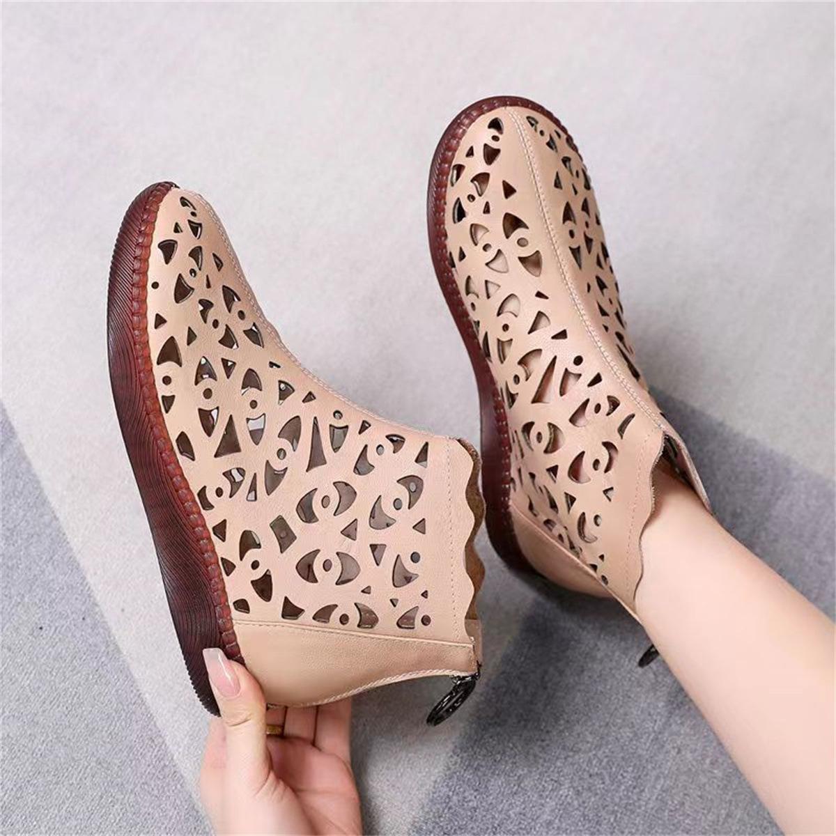 

New round head flat bottom rear zipper hollow fashion casual short boots large size women 42