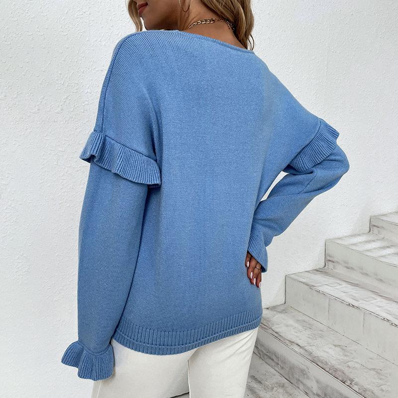 Solid color V-neck petal sleeve sweater for women autumn and winter new European and American sweater for women