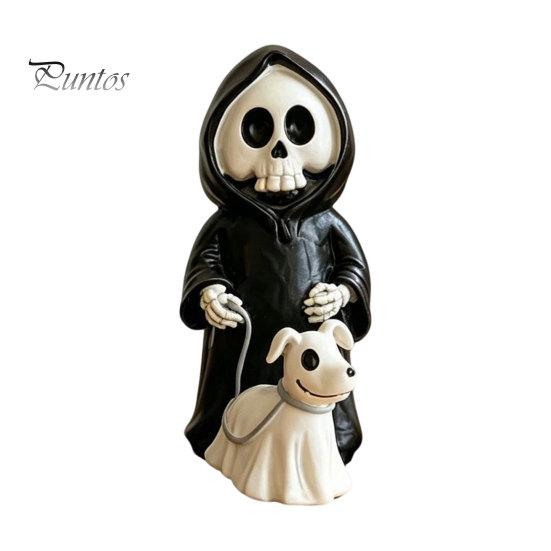 Unique Spooky Desk Decoration Grim Reaper & Ghostly Puppy Resin Figurine, Black Robed Skeleton with Cute Halloween Ornament Ghost Dog Statue,