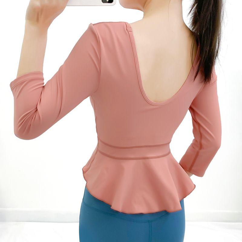 

With Chest Pad Long Sleeves Yoga Clothing Top Spring & Fall Ruffles Pilates Training Professional Running Sports Workout Clothes for Women Peach powder XL