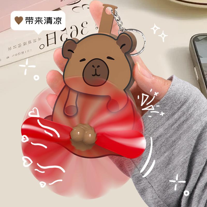 Creative Pull Play Egg Cat Keychains Fun Animal Fan Key Chains Mini Hand Press Fan Cartoon Keyring Car Accessories Summer Gift