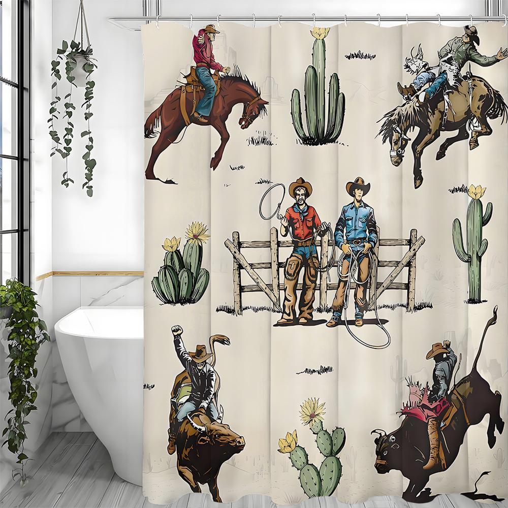 Western Cowboy Shower Curtain, American Wild West Cowboy Horseback Riding, Cattle, Desert Cactus, Rodeo, Ranch Bathroom Decorati