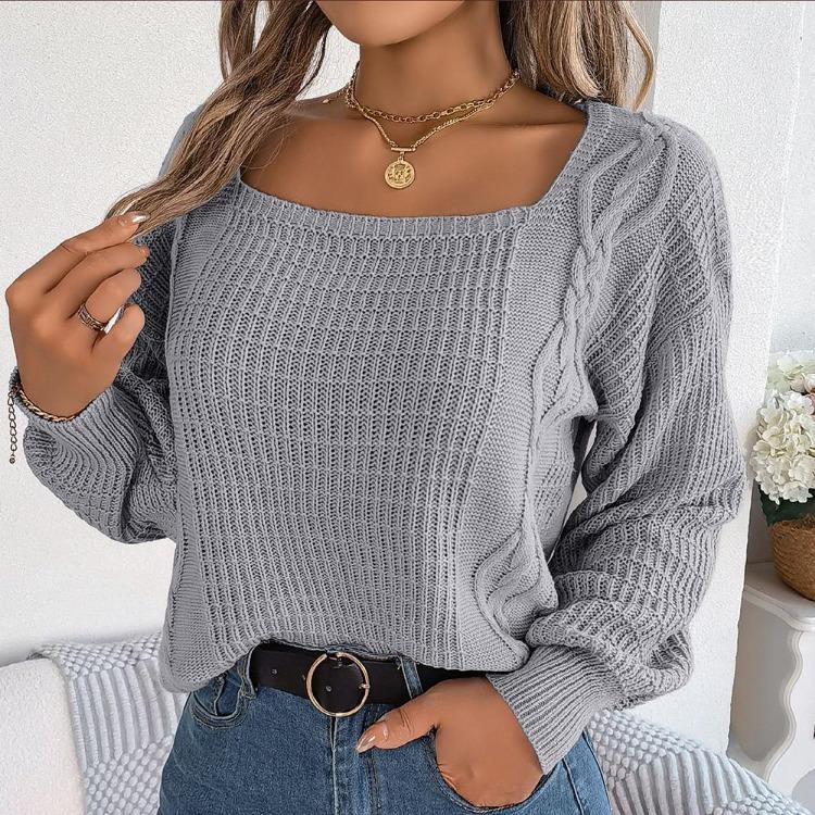Comfortable Casual Women Solid Color Knitted Pullover Sweater Autumn Winter Square Neck Lantern Sleeve Fried Dough Twists Design
