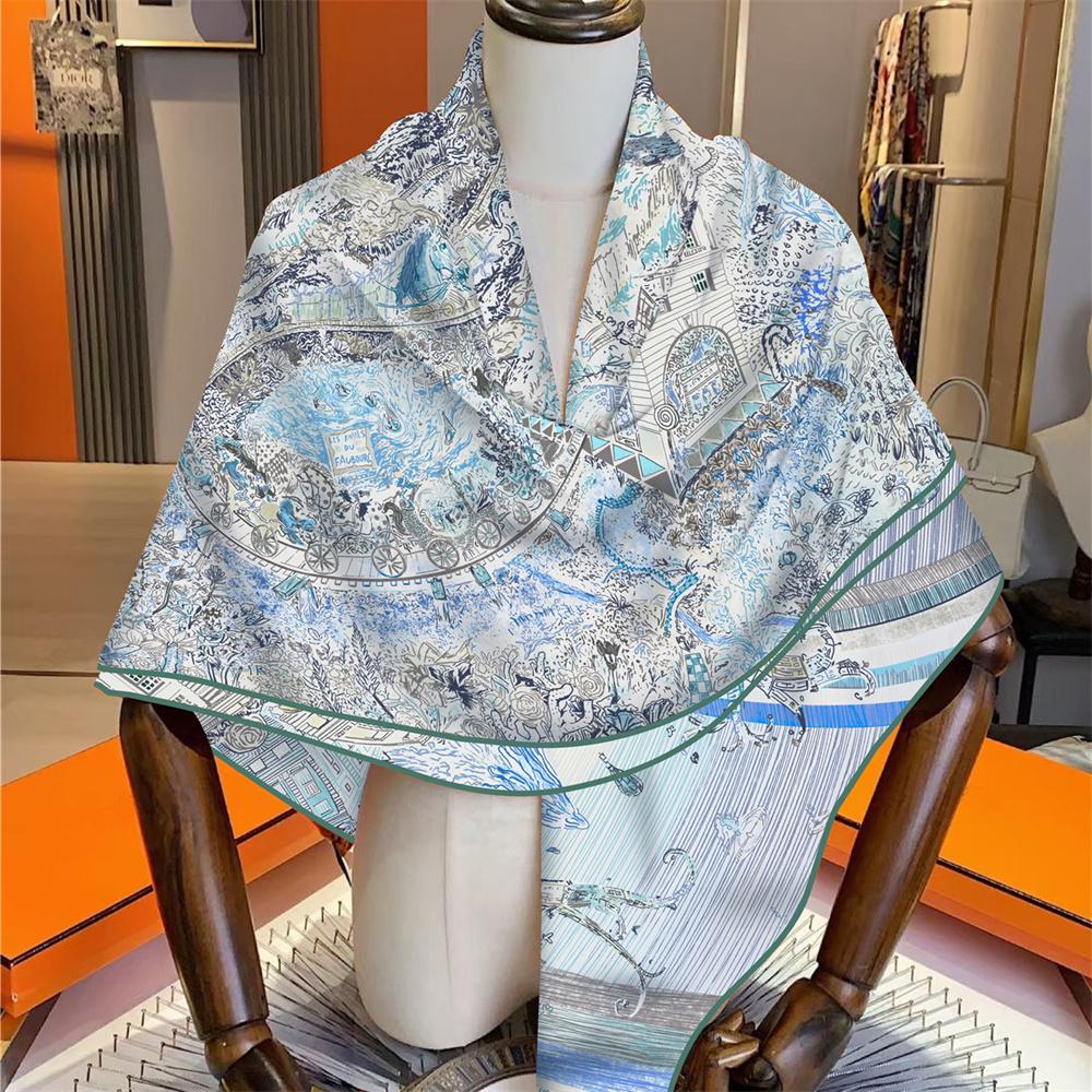 POBING 30% Silk 70% Cashmere Scarf Women Hand Rolled Ocean City Print Square Scarves Wraps Bandana Big Hijabs Female Foulard
