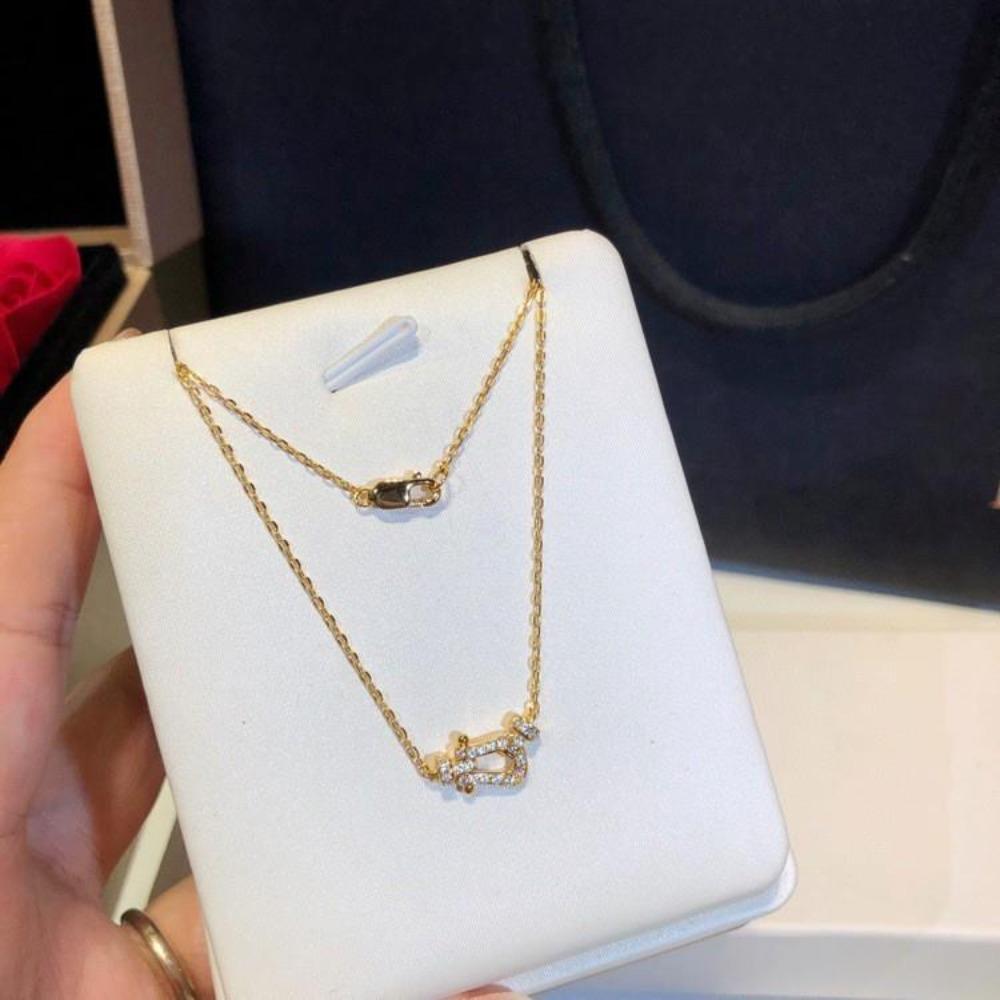 Horseshoe Necklace Thick-plated 18K Gold Neck Chain, Mini Small Half-diamond Full Diamond Pendant Collarbone Chain for Women