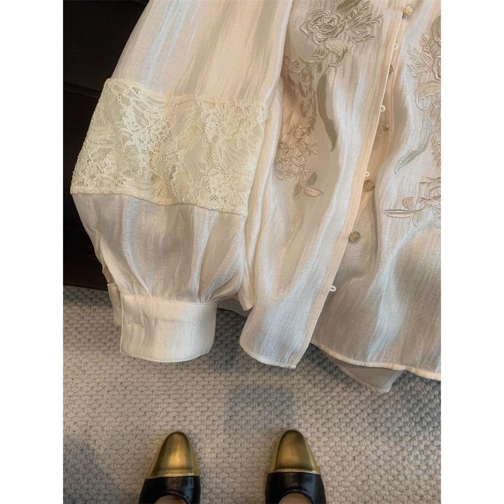 Elegant and Versatile New Embroidery Satin Shirt Women's  Early Spring New Arrival Super Fairy Outerwear Long Sleeve Blouse